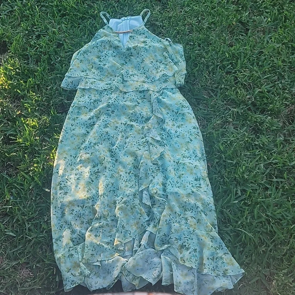 Kensie mint green yellow floral racerback sleeveless ruffled dress 8 - Picture 2 of 14